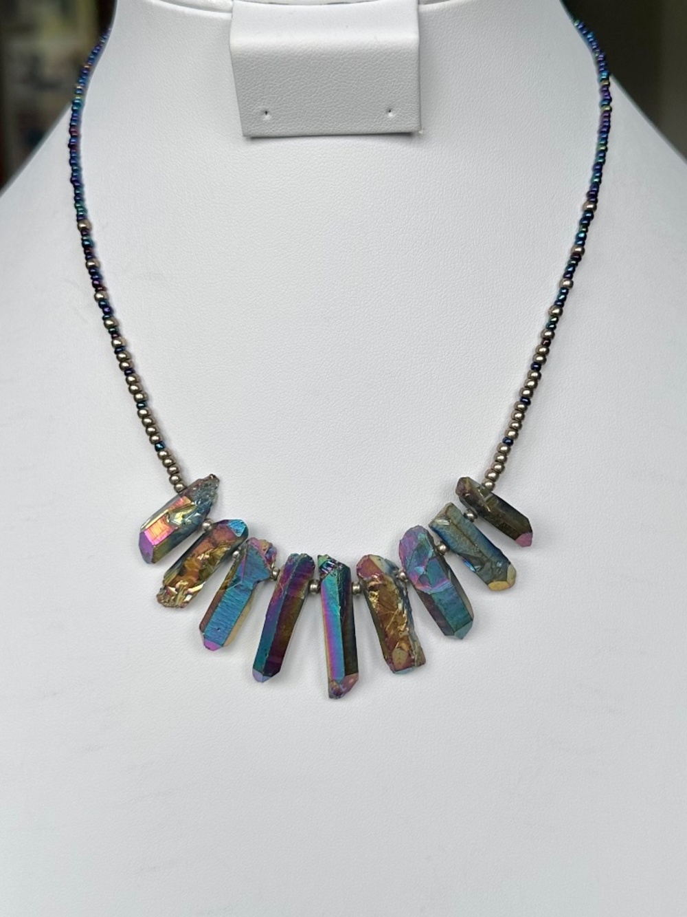 NWT Peyote Bird Free Spirit 16" Rainbow Titanium Quartz Crystal Bib Necklace 925